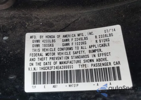 2014 Honda Accord Lx z USA, uszkodzony, nr VIN 1HGCR2F34EA286650